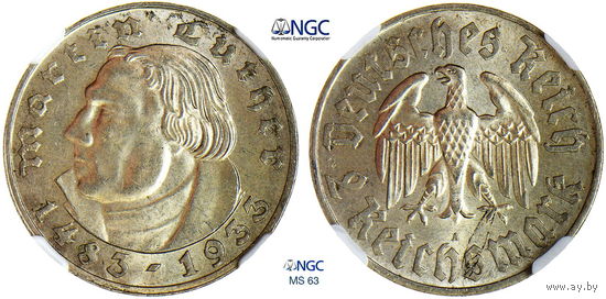 2 рейсхмарки 1933 г. 450 лет со дня рождения Мартина Лютера. Германия. NGC MS 63. Серебро. КМ# 79