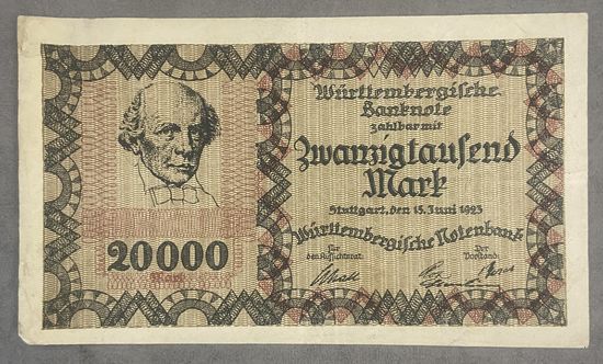 Банкнота 20000 марок 1923 год. Штутгарт Веймарская республика.