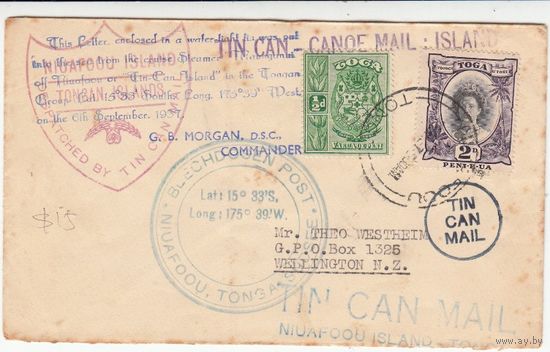 Британские колонии. TOНГА 1937 год, конверт знаменитой "жестяной почты" о-ва Niuafoou