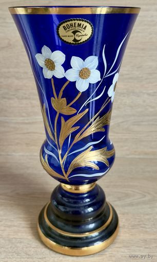 Ваза Чехословакия 1970-80г ручная роспись кобальт стекло