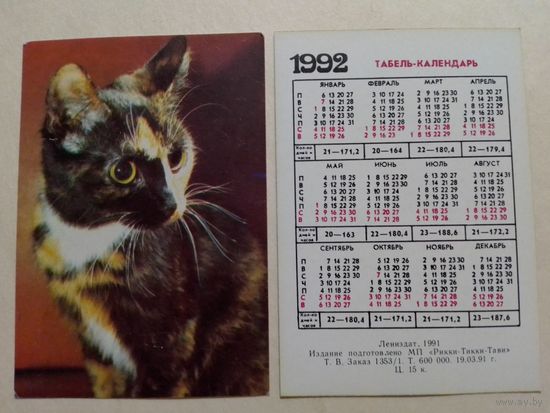 Карманный календарик. Котик.1992 год