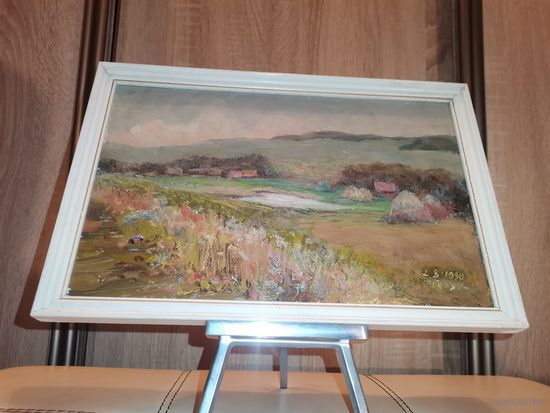 Пейзаж маслом на картоне, 1990 год, размер 34*23 см., "Этюд Околица".