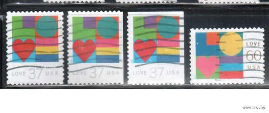 США-2002 (Мих.3631 BA+BD+BE -3632) , гаш. , Поздравительные марки (полная серия),зубовки