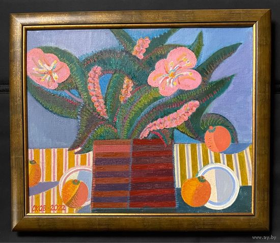 Сковородко О.А "Натюрморт с кактусом", 2022г. Холст, масло. Размер 46х50 см.