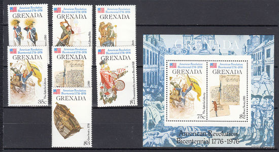 200 лет США. Гренада. 1976. 7 марок и 1 блок. Michel N 749-755, бл54 (11,7 е)