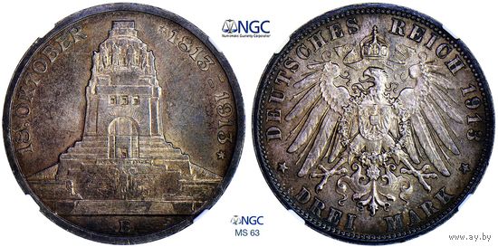 3 марки 1913 г. Е. 100-летие битвы при Лейпциге "Битва народов", 16–18 октября 1813. Саксония. Германия. NGC MS 63. Серебро. КМ# 1275