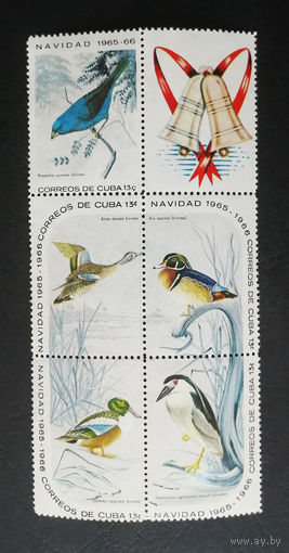 Куба 1965 год. Рождество. Птицы. Фауна Праздники, сцепка +купон, полная серия. Чистая #0079-Ф1P16