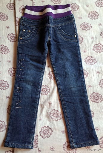 Джинсы синие на резинке 4.5-6лет (р.98-110см), б.у, теплые