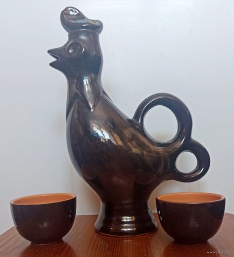 Бутыль, графин, штоф. Керамика. С рюмками. Петух. 25 см