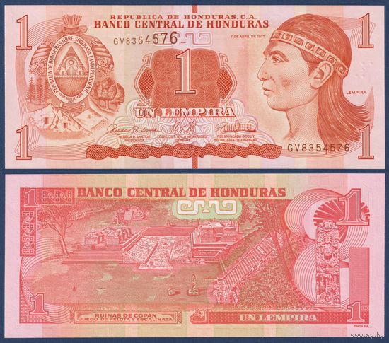 Гондурас, 1 лемпира 2022 г, P-96 (GV, вождь Лемпира, руины древнего города майя - Копан), UNC