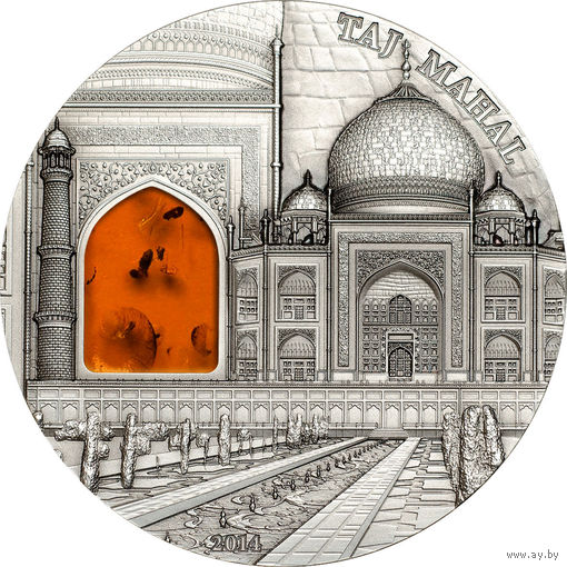RARE Палау 10 долларов 2014г. Искусство минералов: "Тадж-Махал. Янтарь". Монета в капсуле; деревянном подарочном футляре; коробка. СЕРЕБРО 62,20гр.(2 oz).