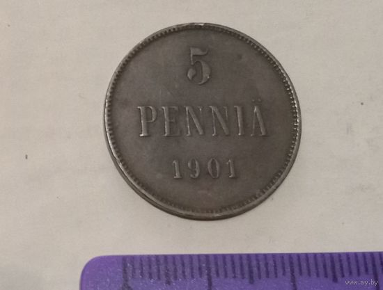 С РУБЛЯ! 5 пенни 1901 год. Николай II, для Финляндии. Не частый год.