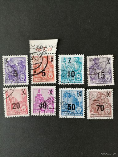 ГДР 1954 Полная серия марок стандарт "Пятилетка" с надпечаткой нового номинала" (гашение без клея) печать типографская Mi.435х-442х каталог 13.40 евро