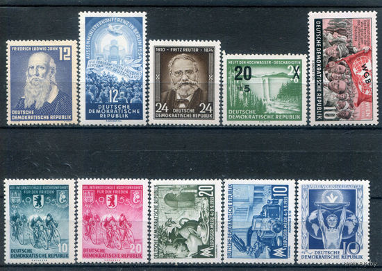 ГДР - с 1952 до 1955г. - 8 полных серий - 10 марок - MNH, 3 марки с отпечатками на клее, 1 с незначительным дефектом клея. Старт с 1 коп! Без МЦ!  #1-GG-44