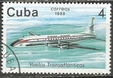 Куба. Гражданский самолёт Дуглас DC-7. Рейс Гавана-Прага. 1988г. Mi#3185.