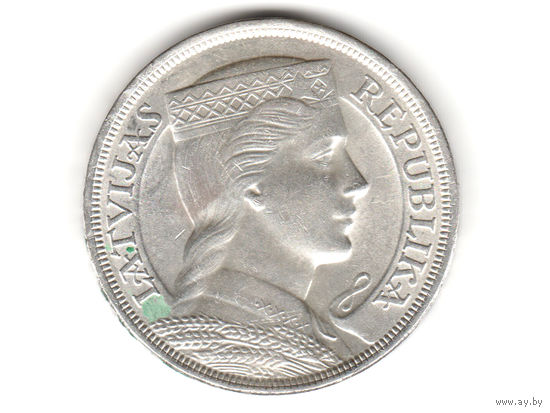 Монета 5 лат 1929 года. Латвия. Серебро.