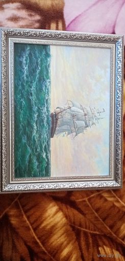 Картина парусник. Масло. Холст. Рамка. 40 на 30