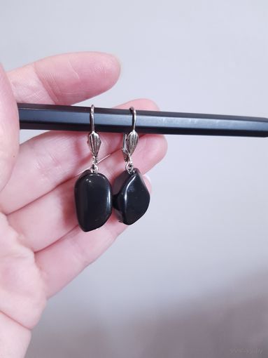 Серьги винтажные из натурального черного агата
