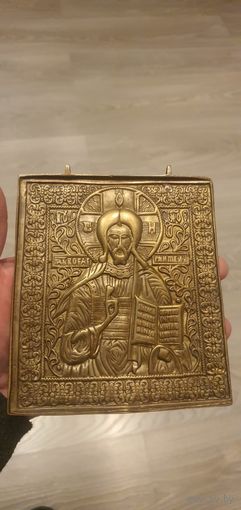 Большая икона Господь Вседержитель  меднолитая 19 век