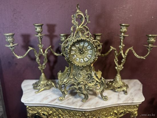 Часы каминные с канделябрами, латунь, кварц, Европа, много лотов с рубля