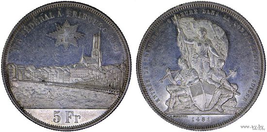 5 франков 1881 г. Стрелковый фестиваль во Фрибуре. Швейцария. Серебро. X# S15