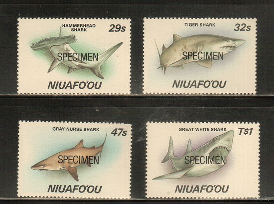 Ниуафооу-1987 (Мих.94-97,) , ** , Морская фауна, Акулы(полная серия), SPECIMEN