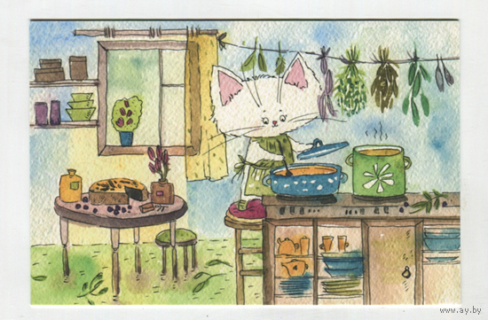 Открытка. Коты. Котики. Котята. Семья. Фауна, животные. Повар, хозяюшка, кулинария. Художник Анастасия Еременко (чистая)