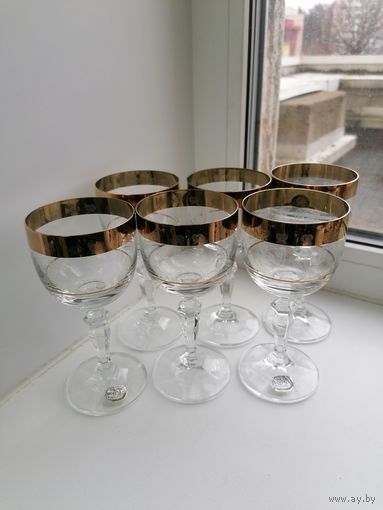 Набор бокалов фужеров для вина Чехословакия, Богемия, пантография, позолота