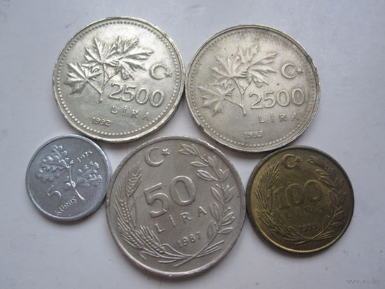 Не частые монеты Турции 5шт. без повтора.