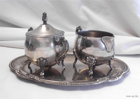 Сервиз Набор кофейный Сливочник+Сахарница на подносе Серебрение Америка USA LEONARD SILVERPLATE
