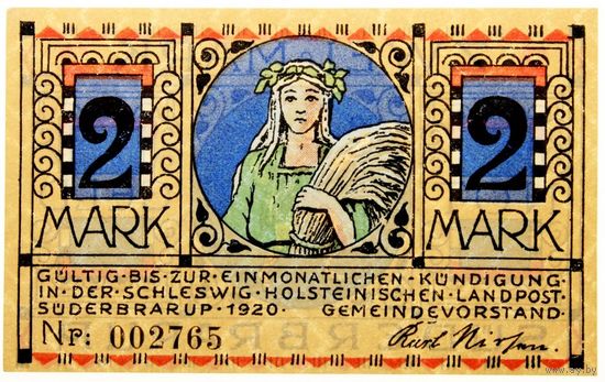 РАСПРОДАЖА!!! - ГЕРМАНИЯ ЗЮДЕРБРАРУП (ШЛЕЗВИГ-ГОЛЬШТЕЙН) 2 марки 1920 год - UNC!