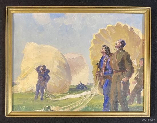 Бржозовский Г.Ф "Парашютисты", 1939 год. Картон, масло. Размер с родной рамой 42х32 см.