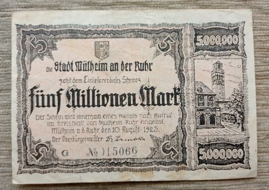 Werty71 Германия 5 миллионов 5000000 марок 1923 Мюльхайм на Руре 5 000 000 банкнота гроссгельд