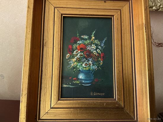 Картина старинная Маки Ромашки масло Германия подпись художника