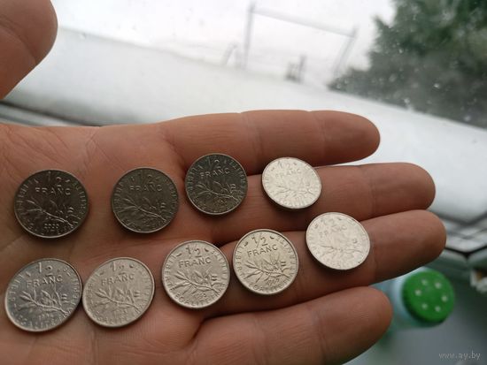 Франция,1/2 франки 1965,1968,1969,1972,1986,1994,1997,2000