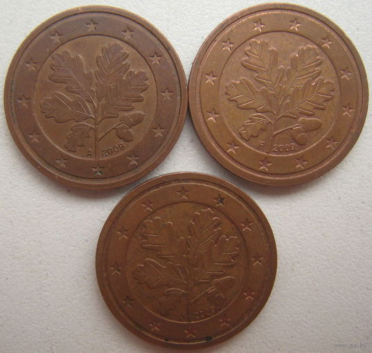 Германия 2 евроцента 2009 г. (A) (F) (J). Цена за 1 шт.
