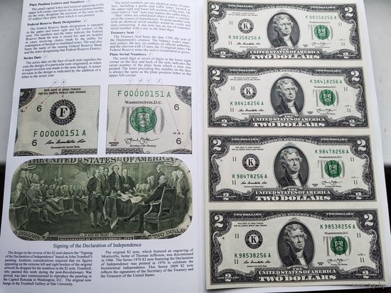 США - 2 Доллара (неразрезанный лист из 4 банкнот in folder) 2013 г. UNC