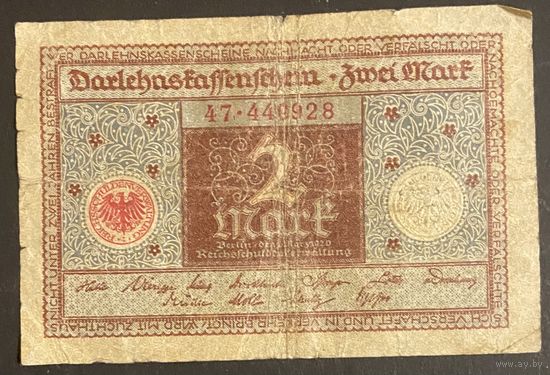 Банкнота 2 марки 1920 год. Веймарская республика
