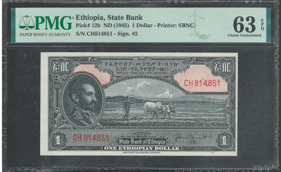 Эфиопия 1 доллар 1945 года. Тип Р-12b. Состояние UNC. В слабе PMG 63
