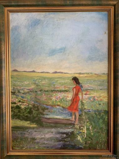 Гавриленко П.Н "Девушка в красном", 1959г. К/М.р.без рамы 69.5х50 см.