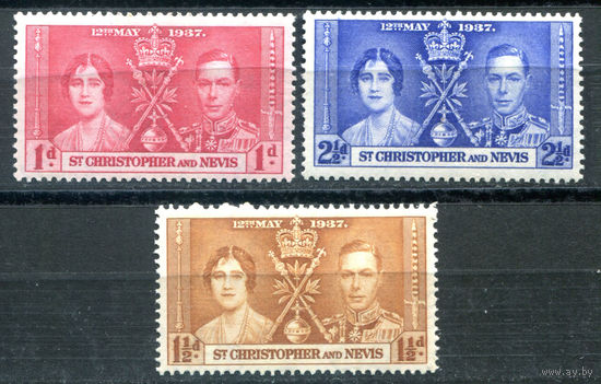 Британские колонии - Сент-Кристофер и Невис - 1937г. - коронация короля Георга VI и королевы Елизаветы - 3 марки - полная серия, MLH [Mi 69-71]. #2-Bc-D-KS-1