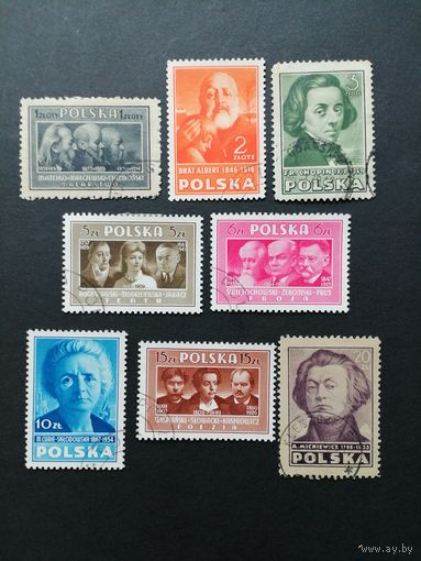Польша 1947 Полная серия марок "Польская культура" (гашение без клея, следы от наклеек) Mi.463А-470А каталог 2.20 евро