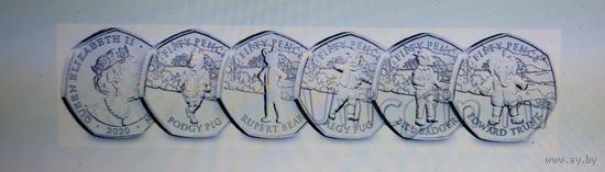 Остров Мэн 50 пенсов, 2020 100 лет комиксам о медведе Руперте набор 5 монет UNC