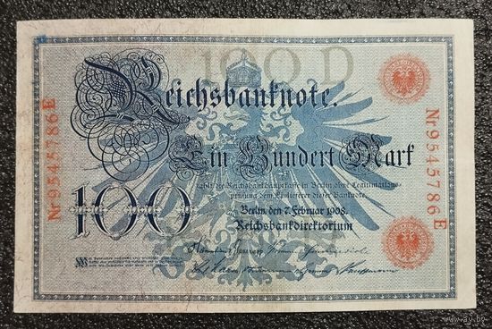 100 марок Германия 1908 г. (красная печать)
