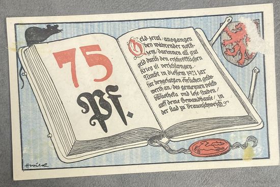 Нотгельд 75 пфеннигов 1921 год. Брауншвейг,. Веймарская республика