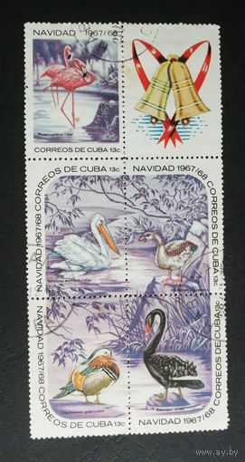 Куба 1967 год. Рождество. Птицы. Фауна Праздники, сцепка +купон, полная серия #0080-Ф1P17