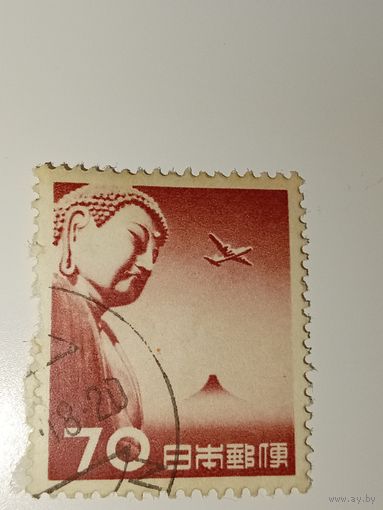 Япония 1953 год зображен Великий Будда Камакуры (Дайбуцу), самолет, летящий над горой Фудзи