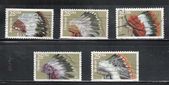 США-1990, (Мих.2098-2102),   гаш. ,Индейцы, Головные уборы  (полная серия)(2)