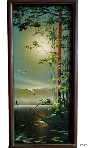 На озере. Картина маслом. Размер Размеры: 41 Х 17 см.