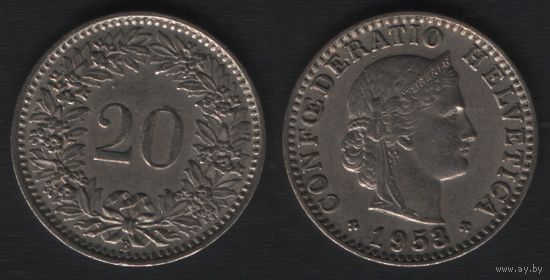 Швейцария km29a 20 раппен 1953 год (B) (2